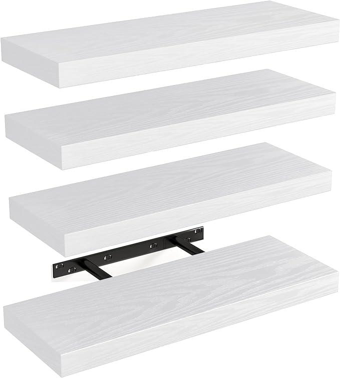 Fixwal 15.8in Floating Shelves, Rustic Wood Finish Wall Shelves Set of 4, Shelves for Wall Decor, with Invisible Brackets for Bathroom, Living Room,Bedroom and Kitchen(White) - ModernBath