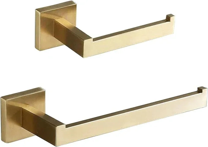 SHUNLI Gold Toilet Paper Holder + Hand Towel Holder, Brushed Gold Bathroom Accessories Hardware Set 2 Pieces, Wall Mounted Towel Ring Towel Bar, SUS304 Stainless Steel - ModernBath