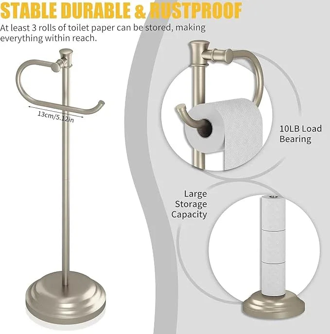 BESy Toilet Paper Holder Stand SUS 304 Free Standing Bathroom Tissue Holder with Storage Hardware Accessories Rack Hand Towel Bar Rustproof Lavatory Tissue Roll Holder Floor Modern Brushed Nickel - ModernBath