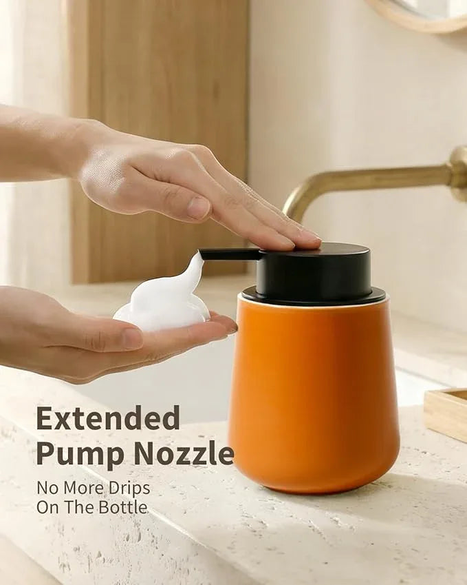 BosilunLife Bathroom Accessories Set 3 pcs - Bathroom Ceramic Foaming Soap Dispenser Set Farmhouse Bathroom Decor, Foam Soap Dispenser and Toothbrush Holder with Tray, Orange - ModernBath