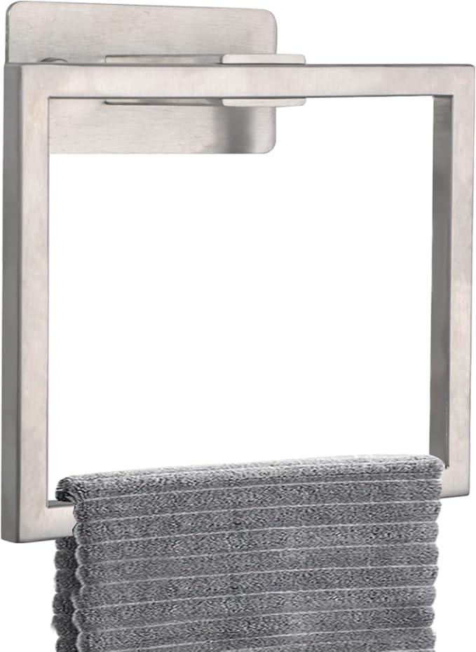 LANC Hand Towel Rings for Bathroom Wall Mount Brushed Finished Square Self Adhesive Hand Towel Holder for Kitchen Towel Holder Lavatory Stainless Steel Contemporary Shower Towel Racks, A8396BN - ModernBath