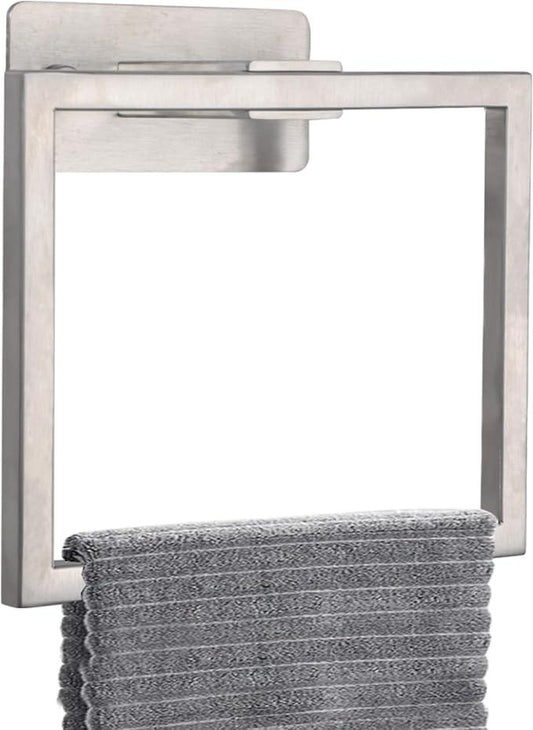 LANC Hand Towel Rings for Bathroom Wall Mount Brushed Finished Square Self Adhesive Hand Towel Holder for Kitchen Towel Holder Lavatory Stainless Steel Contemporary Shower Towel Racks, A8396BN - ModernBath