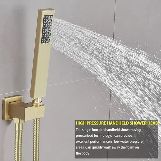 Heable Brushed Gold Shower System with High Pressure 8'' Rainfall Shower Head, Handheld Shower head, Bathroom Luxury Rain Mixer Shower Combo Set Wall Mounted Shower Faucet Rough-in Valve and Trim Kit - ModernBath