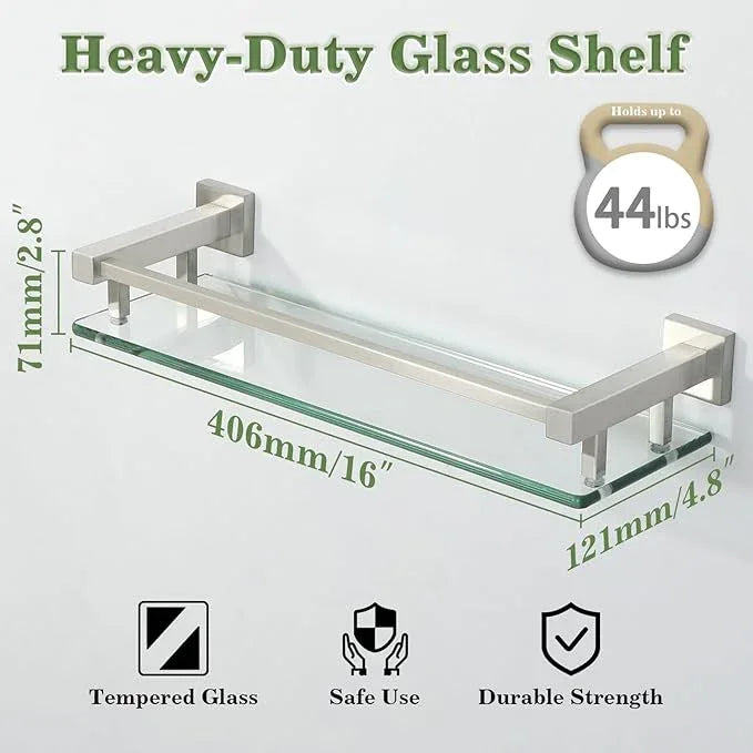 Alise Bathroom Glass Shelf with Stainless Steel Railing, Brushed Nickel Small Tempered Glass Floating Wall Shelf Over The Toilet, 16 inch - ModernBath