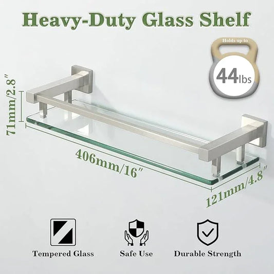 Alise Bathroom Glass Shelf with Stainless Steel Railing, Brushed Nickel Small Tempered Glass Floating Wall Shelf Over The Toilet, 16 inch - ModernBath