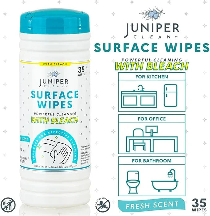 Juniper CLEAN 12 Pack Surface Cleaning Wipes with Bleach, All-Purpose Cleaner for Bathroom, Kitchen, Office, 420 Count Canister, 7.5" x 7" Sheet, Fresh Scent, Lint Free & Durable - ModernBath