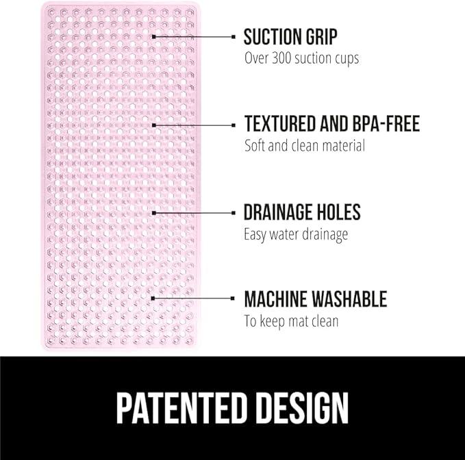 GORILLA GRIP Patented Bath Tub Shower Mat, Machine Washable Bathtub Floor Liner Mats, Suction Cups and Drain Holes to Keep Tubs Clean, Soft on Feet, Bathroom Essentials, 35x16 Inch, Clear Light Pink - ModernBath