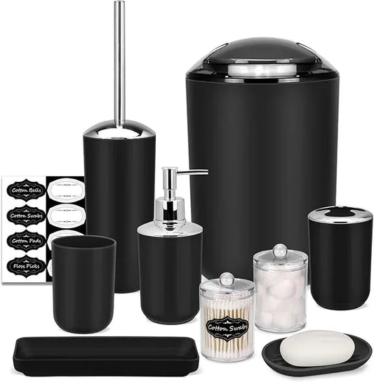 IMAVO Bathroom Accessories Set,Black Bathroom Set,9 Pieces Bathroom Accessory Set,Tray,Qtip Holders,Toilet Brush,Trash Can for Bathroom Décor and Home Gifts - ModernBath