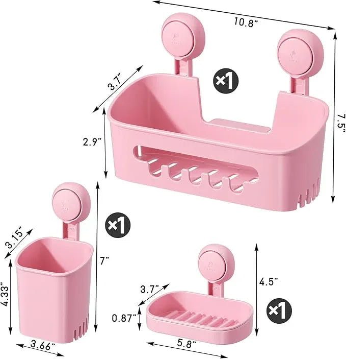 LEVERLOC Shower Caddy Suction Cup Set Shower Organizer & Soap Holder & Toothbrush Holder, Bathroom Shelf Basket NO-Drilling, Removable Suction Storage Waterproof Bathroom Caddy, Pink - ModernBath