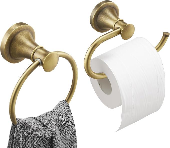 Hoimpro Antique Brass Towel Ring Toilet Paper Holder 2 Set, Double Bathroom Hardware Fixtures Toilet Roll Tissue Holder, Hand Towel Bar Towel Rack Rv Accessories, Sus304 Stainless Steel, Wall Mount - ModernBath