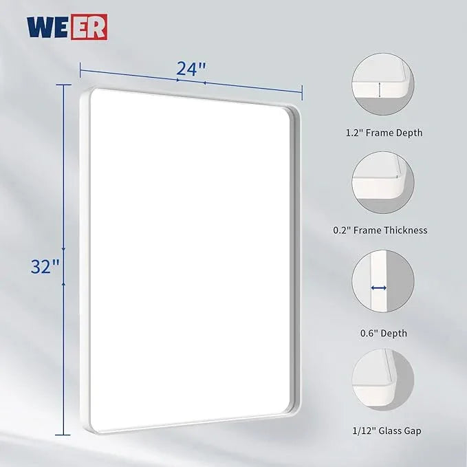 WEER White Bathroom Mirror 24X32 Inch, Rounded Rectangle White Metal Frame Mirror, Matte White Bathroom Vanity Mirror with Tempered Glass, Anti-Rust, Hangs Horizontally or Vertically - ModernBath
