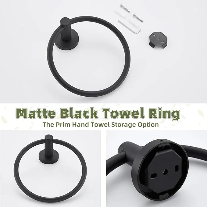 APLusee Round Hand Towel Ring for Bathroom Wall, Solid Stainless Steel Wall Mounted Bathroom Towel Holder, Modern Matte Black - ModernBath
