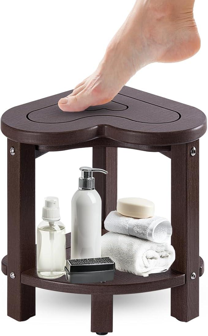 UHA Corner Shower Stool for Inside Shower - Waterproof Corner Shower Bench, HDPE Plastic Bathroom Bench, Adjustable Height Corner Chair for Shaving Legs,Storage Shelf,Non-Slip Feet， Coffee - ModernBath