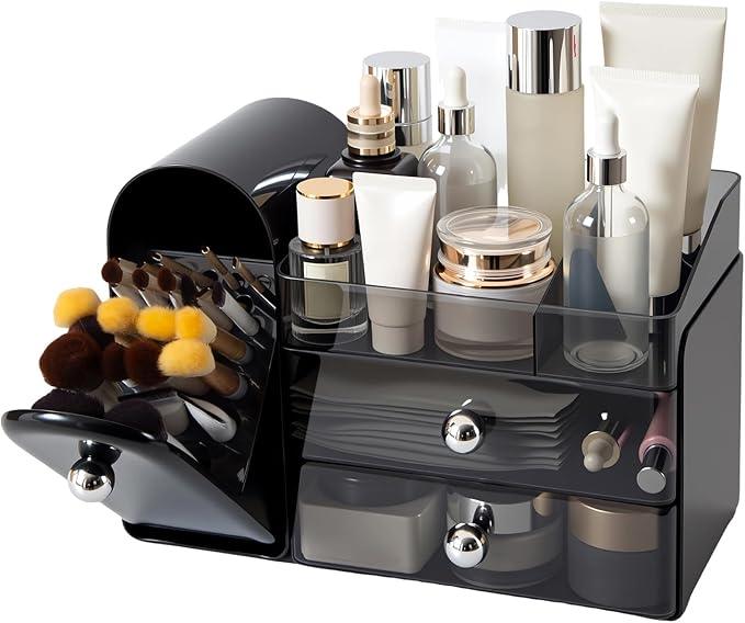 Makeup Organizer with Brush Holder for Vanity, Large Cosmetic Display Cases with 2 Drawers, Skincare Organizer for Bathroom Countertop, Black - ModernBath