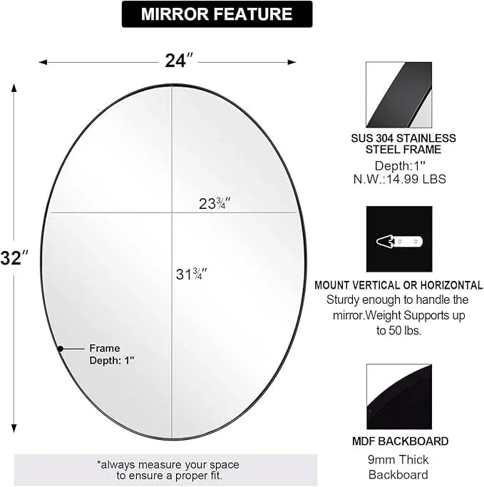 ANDY STAR Black Oval Mirror, 24x32'' Matte Black Metal Framed Oval Wall Mirror, Modern Black Vanity Mirror in Stainless Steel Frame, Wall Mount Horizontal or Vertical - ModernBath