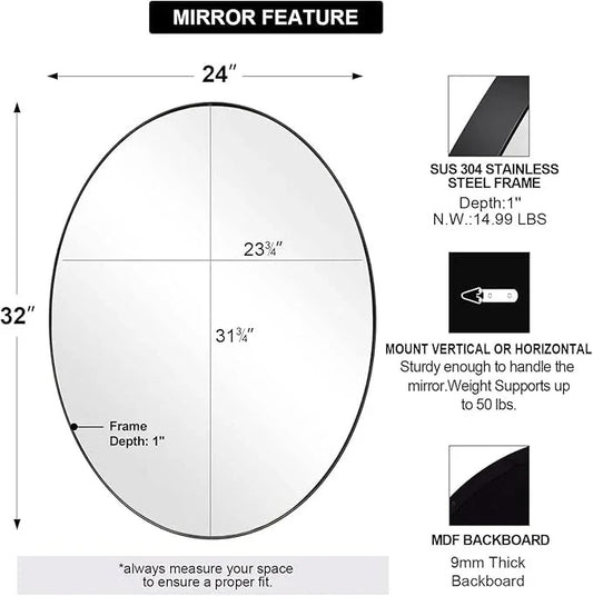 ANDY STAR Black Oval Mirror, 24x32'' Matte Black Metal Framed Oval Wall Mirror, Modern Black Vanity Mirror in Stainless Steel Frame, Wall Mount Horizontal or Vertical - ModernBath