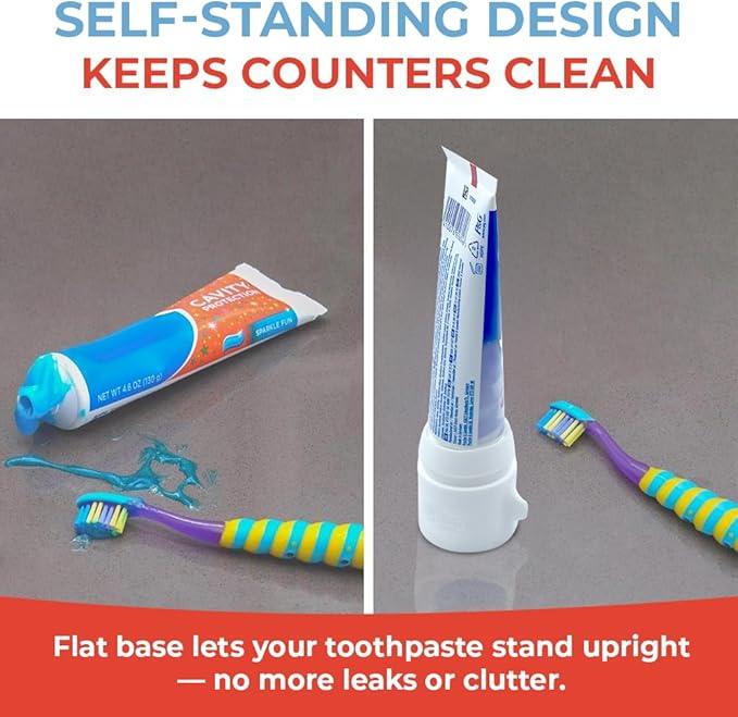 SqueezMe EasyPump Toothpaste Dispenser Cap - Self Closing Silicone Toothpaste Cap for Kids & Adults - No-Mess, Standing Design - Universal Fit for Tubes Up to 230g - Push-On, No-Twist Easy Install - ModernBath