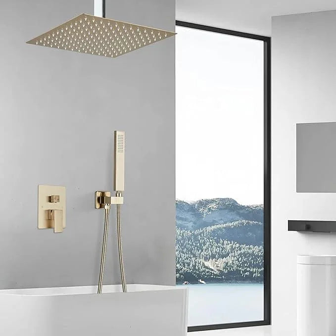 Shower Faucet Set Rain Shower System with 10 Inches Rain Shower Head and Handheld Spray, Bathroom Shower Fixtures Brushed Gold Shower Kit with Brass Valve,Ceiling Mounted - ModernBath