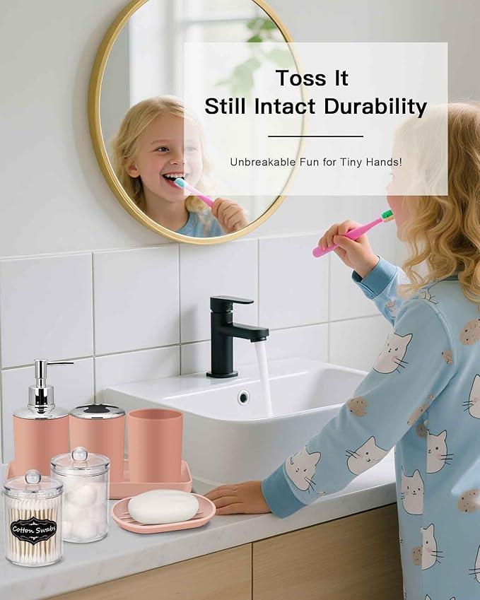 IMAVO Bathroom Accessories Set,Coral Pink Bathroom Set,9 Pieces Bathroom Accessory Set,Tray,Qtip Holders,Toilet Brush,Trash Can for Bathroom Décor and Home Gifts - ModernBath