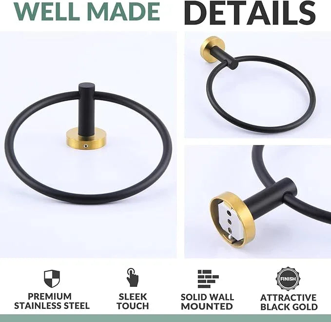 APLusee Black Gold Towel Ring for Bathroom Wall, Stainless Steel Hand Towel Holder, Wall Mounted - ModernBath