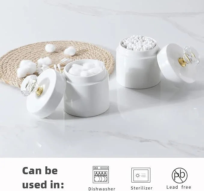 ONTUBE Porcelain Cotton Swabs Holder Organizer with Crystal Lid and Easy to Clean, White (Gold Lid,Set of 2) - ModernBath