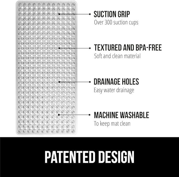 GORILLA GRIP Patented Bath Tub Shower Mat, Machine Washable Bathtub Floor Liner Mats, Suction Cups and Drain Holes to Keep Tubs Clean, Soft on Feet, Bathroom Essentials, 35x16 Inch, Clear Gray - ModernBath