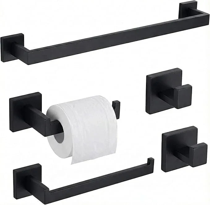 5 Piece Bathroom Hardware Set Matte Black, SUS304 Stainless Steel Towel Bar Set, Modern Square Accessories with 16 Inch Rack Toilet Paper Holder Robe Hooks (Matte Black) - ModernBath