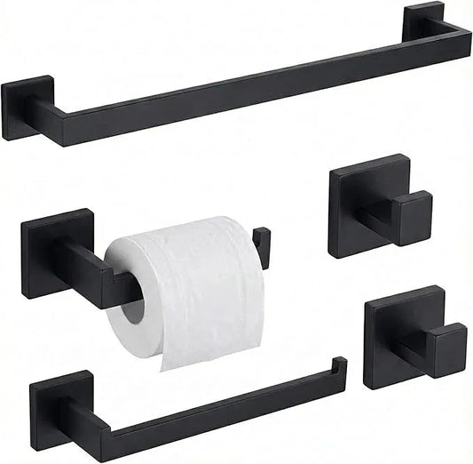 5 Piece Bathroom Hardware Set Matte Black, SUS304 Stainless Steel Towel Bar Set, Modern Square Accessories with 16 Inch Rack Toilet Paper Holder Robe Hooks (Matte Black) - ModernBath
