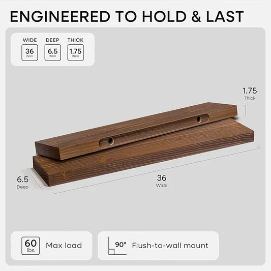 Homeforia Classic Walnut 36 inch Floating Shelf, High End Solid Real Wood Small 36inch Floating Shelves for Wall Mounted, 36in Floating Shelves, Heavy Duty Bracket, 36 X 6.5 X 1.75 inches, Set of 2 - ModernBath