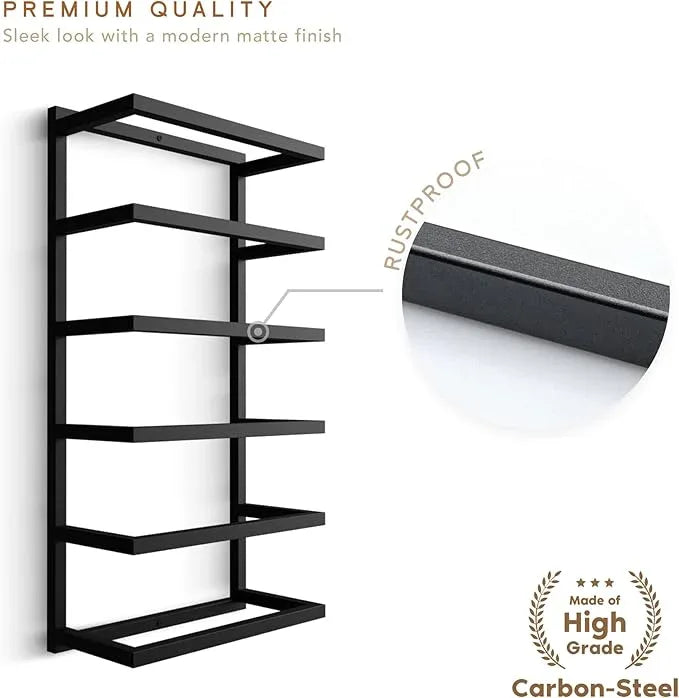 Modern Tiered Towel Rack - Wall-Mounted Metal Towel Shelf for Bathroom, Space-Saving Storage for Towels, Organizers, and Home Decor (Black, 6-Tier) - ModernBath