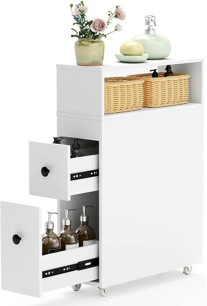 Tangkula Slim Bathroom Storage Cabinet, Movable Narrow Toilet Side Cabinet w/2 Slide Out Drawers, 2 Rattan Baskets & Shelves, Toilet Paper Holder on Wheels for Small Spaces - ModernBath