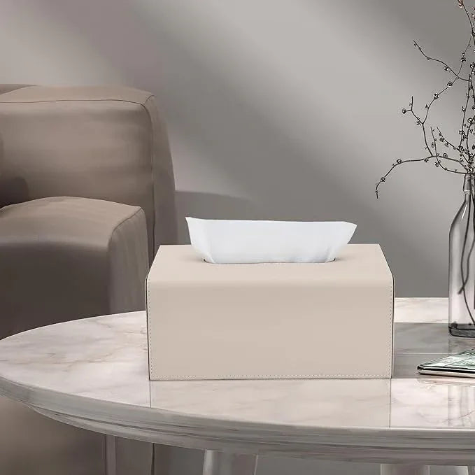 Tissue Box Cover, PU Leather Rectangular Tissue Box Holder with Magnetic Bottom Cover for Facial Tissues/Napkins, Office & Living Room Decor Box for Standard 120-count (3-Ply) 160-count (2-Ply) Beige - ModernBath