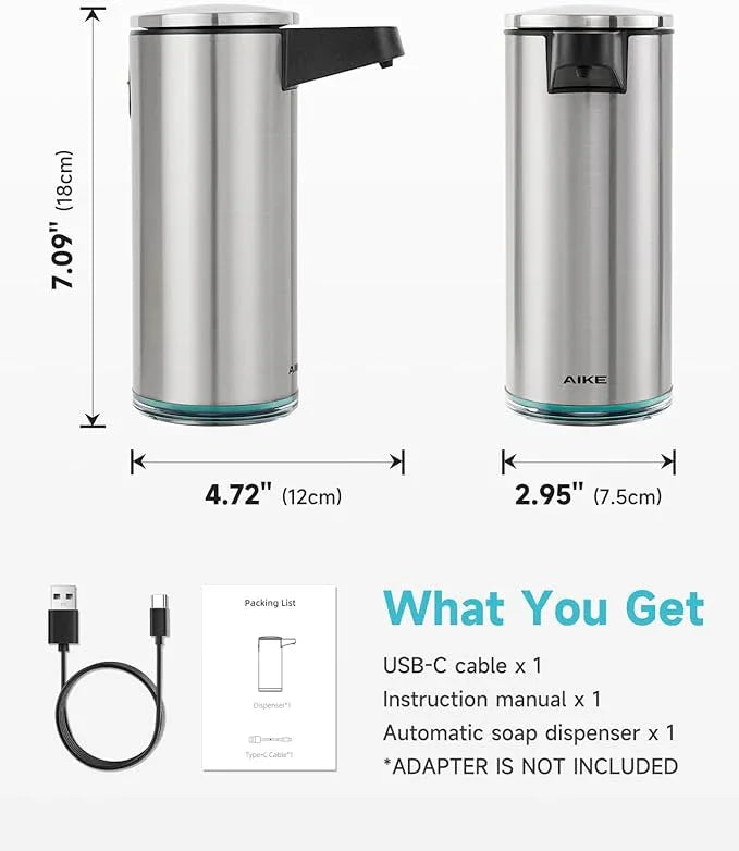 AIKE SensePro Automatic Soap Dispenser Type-C Rechargeable, Brushed Stainless Steel Finish 12.8 fl.oz. for Liquid Soap - ModernBath