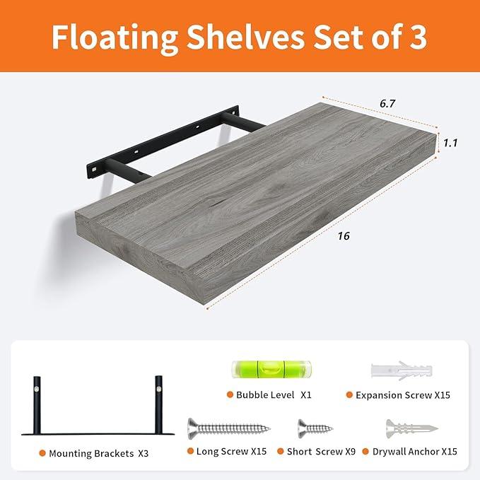 Floating Shelves for Wall Set of 3, 16" Gray Wall Shelves for Home Decor, Frame Display Floating Shelf for Living Room, Bedroom, Bathroom, Kitchen - ModernBath