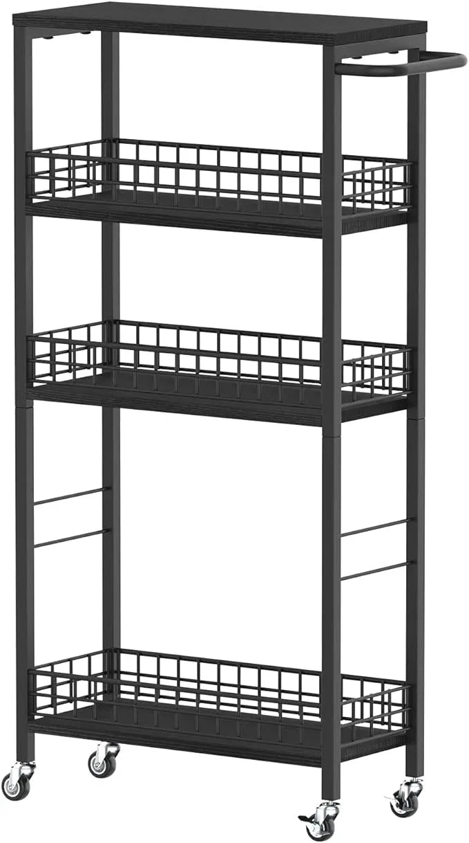 Slim Storage Cart 4 Tier Rolling Kitchen Cart Utility Serving Cart Laundry Room Narrow Cart with Handle Mobile Sheving Unit Organizer Wood Rolling Storage Cart for Bathroom Small Spaces, Modern Black - ModernBath