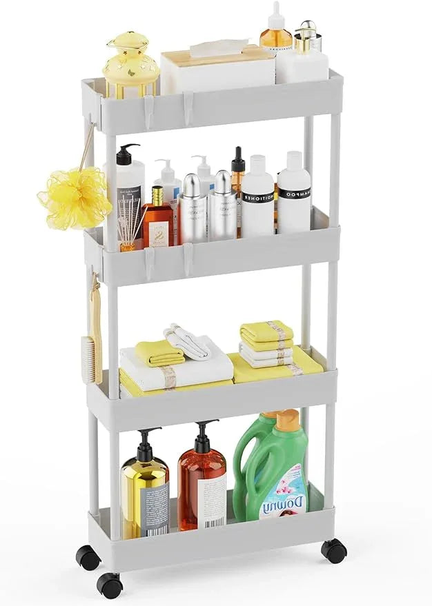 LEHOM 5.1" Slim Storage Cart - 4 Tiers Bathroom Organizer Mobile Shelving Unit Storage Rolling Utility Cart Slide Out Organizer for Kitchen Bathroom Laundry Narrow Places, White - ModernBath