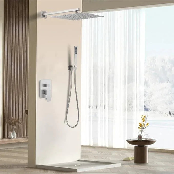 JingGang Brushed Nickel Shower System 16 Inch Bathroom Luxury Rain Mixer Shower Combo Set Wall Mounted Rainfall Shower Head and Handheld System Shower Faucet Set Rough-in Valve Body and Trim Kit - ModernBath