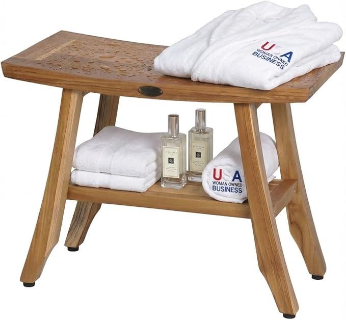 EcoDecors 24 Inch Satori Natural Teak Waterproof Teak Wood Shower Bench Stool Seat Chair for Inside Shower Provides Safety, Storage, and Organization for Bathroom Accessories - ModernBath