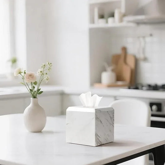 WORHE Tissue Box Cover Italy Natural Marble Heavy Duty Square Facial Toilet Paper Holder for Bathroom Living Room Bedroom Dresser Vanity Kitchen Minimalistic Office Home Decor Jazz White (WH014) - ModernBath