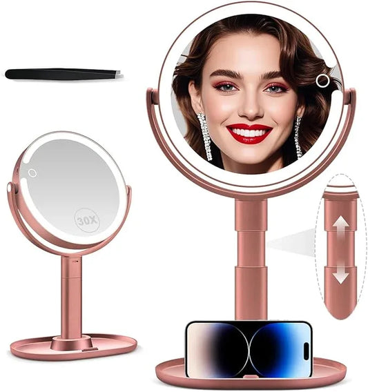 MIYADIVA Makeup Mirror with Lights, 30X Magnifying Mirror with Light and Touch Switch, Vanity Mirror with 3 Color Light and 80 LEDs, Height Adjustable Desk Mirror with Lights, Rose - ModernBath