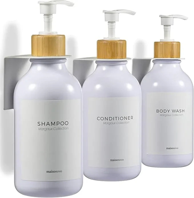 MaisoNovo Shampoo and Conditioner Dispenser - Shower Soap Dispenser Wall Mounted - 16.9 fl oz Set of 3 White Plastic Bottles Bamboo Pump - 3 Chamber No Drill - ModernBath