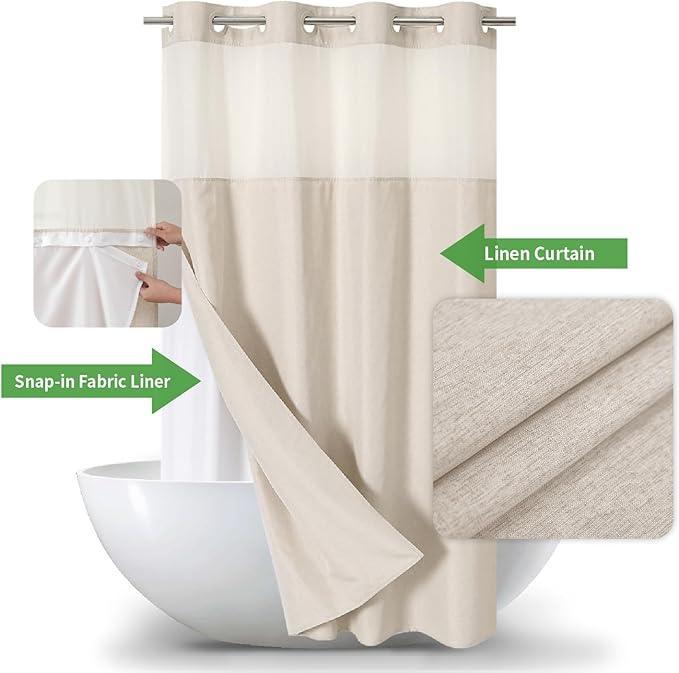 eachope Stall No Hooks Needed Linen Textured Shower Curtain with Snap-in Fabric Liner Set,Hotel Luxury Decor Shower Curtains for Bathroom,Waterproof & Washable,60Wx74H,Cream - ModernBath