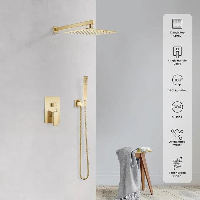 gotonovo Rainfall Bathroom Shower System Rain Shower Head and Handle Set Wall Mounted Shower Complete Combo Solid Brass Pressure Balancing Shower Mixer Valve 12 Inch Brushed Gold - ModernBath