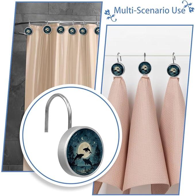 12 Packs Jumping Whales Shower Curtain Hooks, Stainless Steel Glass Shower Curtain Rings for Bathroom, Rustproof Metal Curtain Rod Hooks - ModernBath