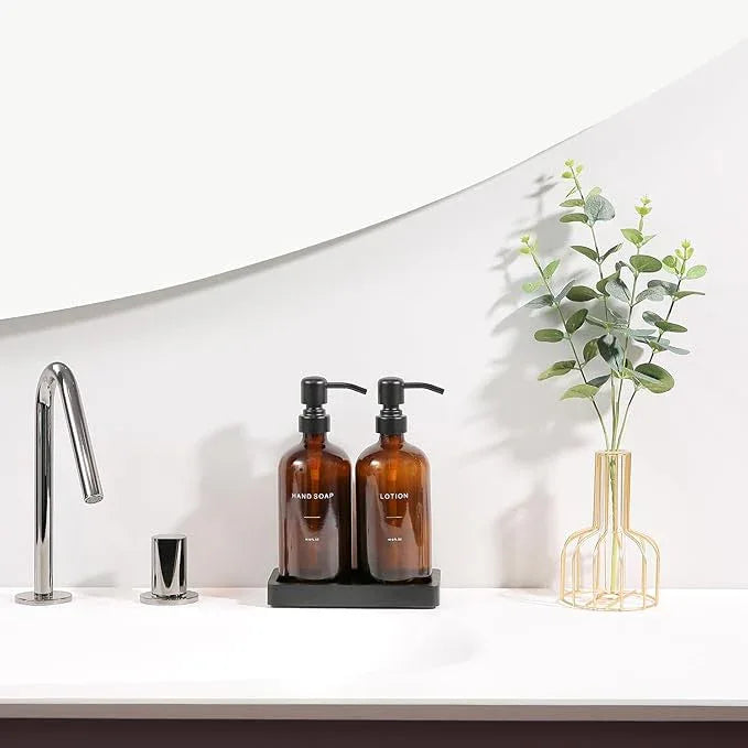 Prus Waso Amber Glass Soap Dispenser Set, Hand Soap and Lotion Set with Black Stainless Steel Pump, Perfect for Modern Bathroom Decor. (Amber) - ModernBath