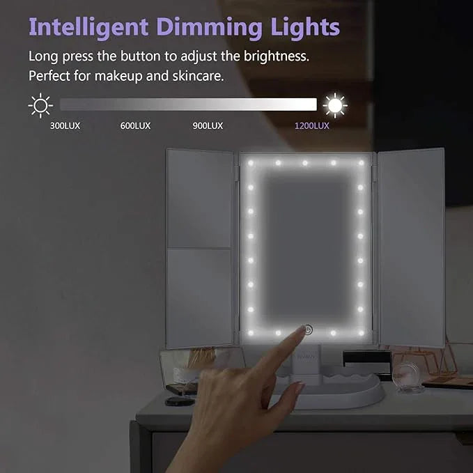 deweisn Trifold Lighted Vanity Makeup Mirror with 21 LEDs Lights,1x/2x/3x Magnification and Touch Screen Dimming,Two Power Supplies Makeup Mirror, Gift for Women - ModernBath