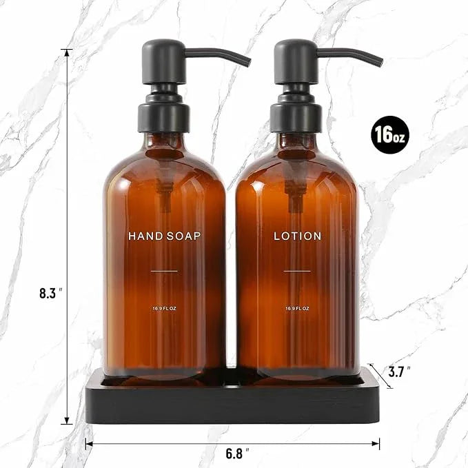 Prus Waso Amber Glass Soap Dispenser Set, Hand Soap and Lotion Set with Black Stainless Steel Pump, Perfect for Modern Bathroom Decor. (Amber) - ModernBath