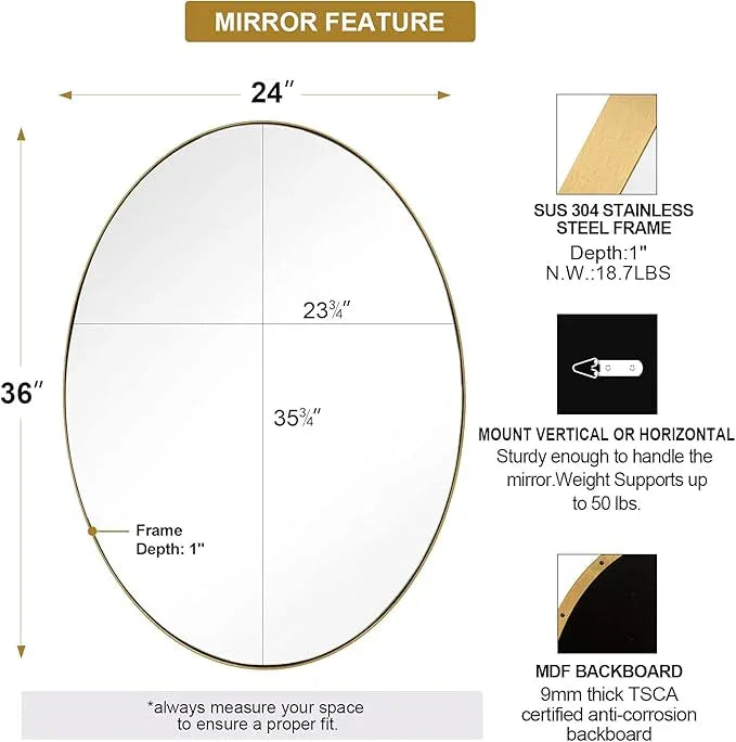 ANDY STAR Gold Oval Mirrors for Bathroom, 24x36 Inch Brushed Gold Stainless Steel Metal Framed Oval Wall Mirror, Modern Vanity Mirror Wall Mount Horizontal or Vertical - ModernBath
