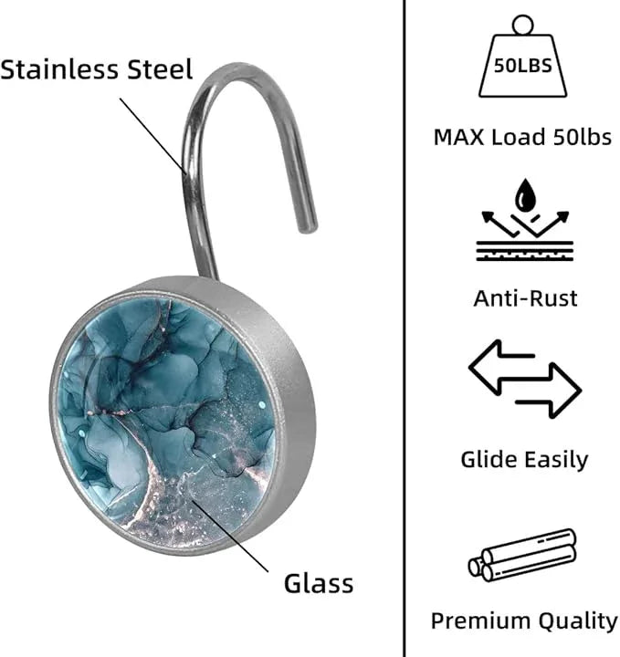 12 Pcs Decorative Shower Curtain Hooks, Rust Proof Glass Surface Stainless Steel Rings for Bathroom Bedroom Kitchen Home Bath Room Rods Decor (Dark Blue Shiny Texture) - ModernBath