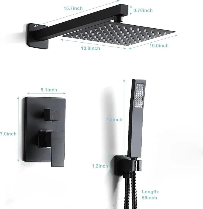 RTTWYYUU Matte Black Shower Head and Handle Set 10 Inch, Rain Shower Head with 2 Hooks, Luxury Rain Shower Set Square Wall Mount for Bathroom with Rain Shower and Handheld Shower System - ModernBath